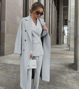 Ofelya - Elegantes Zweireiher Anzugset Mit langem Mantel – Grau