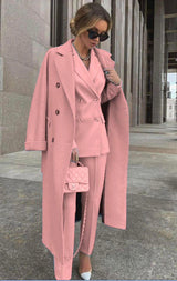 Ofelya - Elegantes Zweireiher Anzugset Mit langem Mantel – Rosa