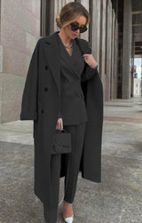 Ofelya - Elegantes Zweireiher Anzugset Mit langem Mantel – Schwarz