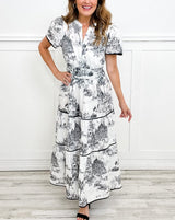 Julie | Toile Muster V-Ausschnitt Maxikleid – Schwarz