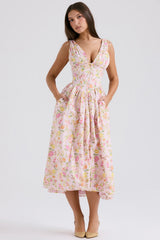 Elodie | Drapiert Hochzeitsgastkleid – Rosa Blumenmuster
