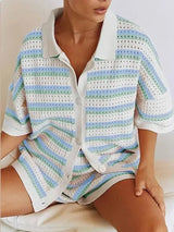 Pauline | Zweiteiliges Strick-Set mit Hemd & Shorts – Blau