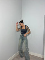 Gerade Damenjeans mit hoher Taille aus Baumwolle im Vintage-Look – Blau
