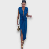 Oriane – Drapiertes Abendkleid mit tiefem Ausschnitt – Türkis