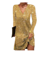 Damen Kleid | Kurze Form mit V-Ausschnitt und Langarm – Gold