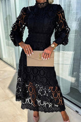 Elegantes Spitzenkleid mit Stehkragen & transparenten Details – Schwarz
