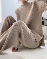 Camila | Rippenstrick Weites Bein Schlaghosen & Pullover Zweiteilig Lounge-Set – Beige
