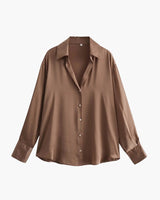 Satin-Style Damenbluse mit Knopfleiste – Elegant, Fließend & Zeitlos – Braun