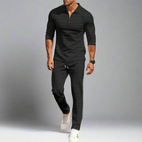 Lässiges Streetwear-Set für Herren – einfarbiges Langarm-Oberteil mit halbem Reißverschluss und passende Hose, leicht und atmungsaktiv – Schwarz