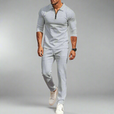 Lässiges Streetwear-Set für Herren – einfarbiges Langarm-Oberteil mit halbem Reißverschluss und passende Hose, leicht und atmungsaktiv – Hellgrau
