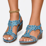 Louis - Stilvolle Keilsandalen mit Blumenmuster – Hellblau
