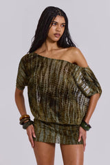 Cynthia - Tie-Dye Druck Off-Shoulder Blouson Mini Kleid – Grün