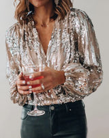 Rhosmira – Langärmlige Bluse mit glänzenden Pailletten – Silber