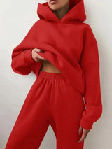 Indigo farbenes Set aus Kapuzenpullover und Jogginghose für Damen – Rot