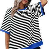 Julia | Lässiges gestreiftes Kurzarm Top – Schwarz + Blau