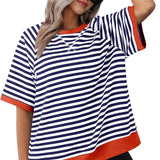 Julia | Lässiges gestreiftes Kurzarm Top – Blau + Rot
