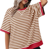 Julia | Lässiges gestreiftes Kurzarm Top – Braun + Rot
