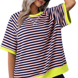 Julia | Lässiges gestreiftes Kurzarm Top – Rosa + Gelb
