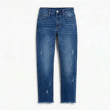 Vivara™ – Vintage-inspirierte, cropped Straight Leg Jeans mit Fransen – Dunkelblau