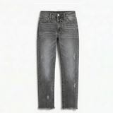 Vivara™ – Vintage-inspirierte, cropped Straight Leg Jeans mit Fransen – Grau