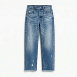 Vivara™ – Vintage-inspirierte, cropped Straight Leg Jeans mit Fransen – Klassisches Blau