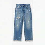 Vivara™ – Vintage-inspirierte, cropped Straight Leg Jeans mit Fransen – Mittelblau