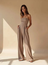Damen Jumpsuit ohne Träger – Dunkelblau & Elegant mit weitem Bein – Beige