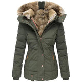 Warmer damenmantel mit fellkapuze im winterdesign für herbst/winter – Khaki