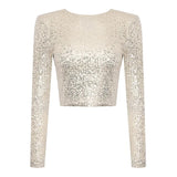 Karolin | Paillettenverziertes langärmliges Crop Top – Beige