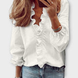 Zoe | Rüschen-Front V-Ausschnitt Bluse – Weiß