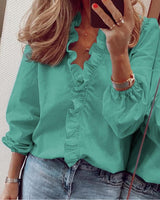 Katharina | Sommer bluse mit Rüschen und V Ausschnitt – Grün