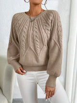 Damen Strickpullover – Eleganter Zopfmuster Pullover mit Rundhals – Khaki