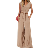 Michelle - V-Ausschnitt Crop Top mit Knoten vorne und weit geschnittene Hose Set – Khaki