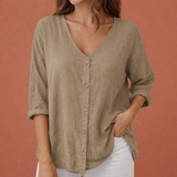 V-Ausschnitt Damen T-Shirt mit Knopfverschluss und Dreiviertelärmeln | Ylena – Khaki