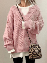 Klobiger Damenpullover mit Kerbrundhals für Wärme – Rosa