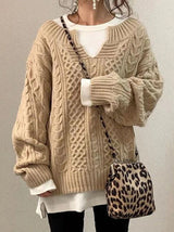 Klobiger Damenpullover mit Kerbrundhals für Wärme – Beige