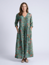Marina | Floral V-Ausschnitt Maxikleid mit Dreiviertelärmeln – Grün