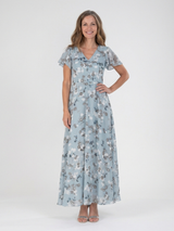 Ismeria | Floral Chiffon Maxikleid – Himmelblau