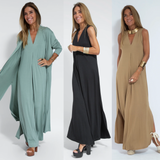 Eva | Schlankmachendes Maxikleid mit passender Weste – Schwarzes Kleid + weiße Strickjacke