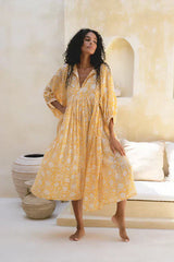 Damenkleid – Viskose – Boho-Blumenmuster – Sommerstil – Gelb
