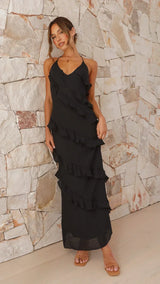 Elegantes Rüschen-Midikleid – Blumenmuster, Leicht, Sommer Chic – Schwarz