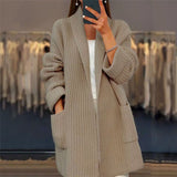 Christin | Modischer langer Cardigan mit V Ausschnitt – Khaki