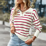 Moderner Look, Gestreifter Pullover mit V-Ausschnitt – Rot