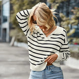 Moderner Look, Gestreifter Pullover mit V-Ausschnitt – Schwarz