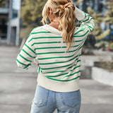 Moderner Look, Gestreifter Pullover mit V-Ausschnitt – Grün