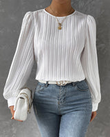 Lena | Elegantes Langarm Top mit Rundhalsausschnitt – Weiß