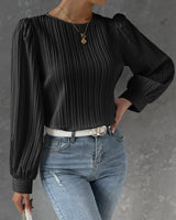 Lena | Elegantes Langarm Top mit Rundhalsausschnitt – Schwarz