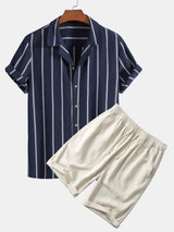 Klassisches Herren Sommer-Set mit Streifen | Hemd & Shorts – Dunkelblau