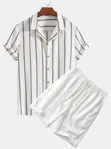 Klassisches Herren Sommer-Set mit Streifen | Hemd & Shorts – Weiß