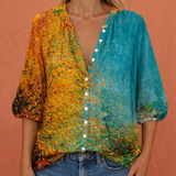 Bedruckte Bluse mit V-Ausschnitt und Knopfverschluss für Damen | Mireya – Hellblau